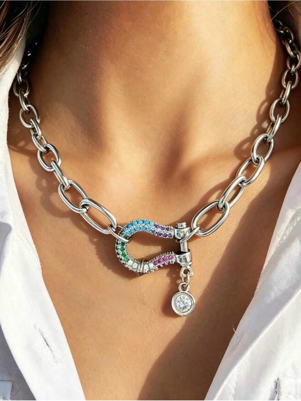 Western Horseshoe Necklace Silver Rainbow Pave Charm Chain Necklace